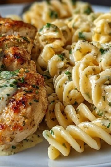 Creamy Garlic Parmesan Chicken with Cheesy Twisted Pasta