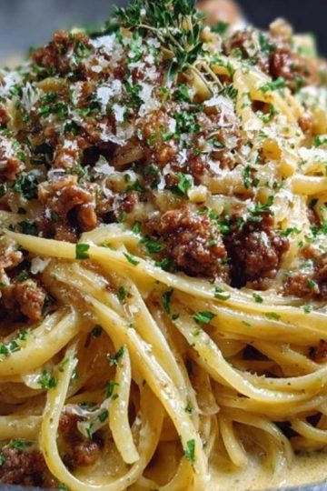 Creamy Parmesan Beef Linguine with Garlic Butter Sauce