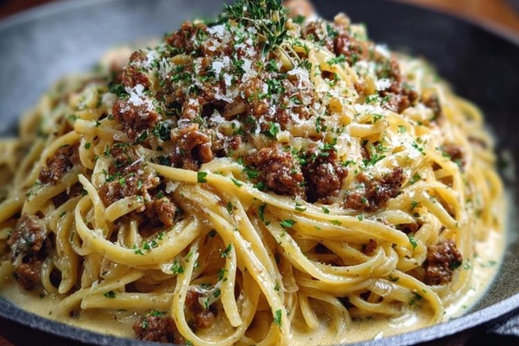 Creamy Parmesan Beef Linguine with Garlic Butter Sauce
