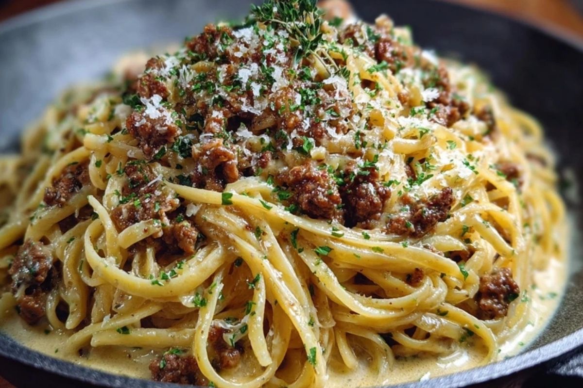 Creamy Parmesan Beef Linguine with Garlic Butter Sauce