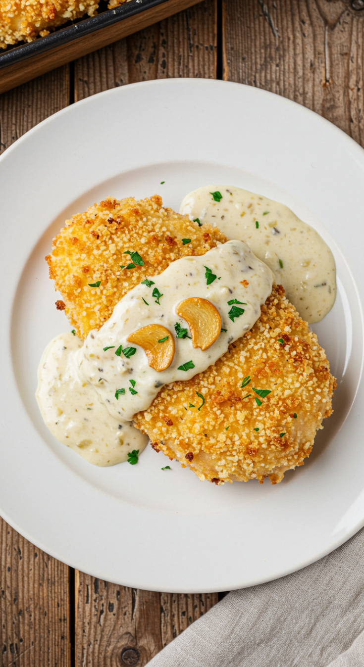 Crispy Parmesan Chicken with a Rich Garlic Saucec