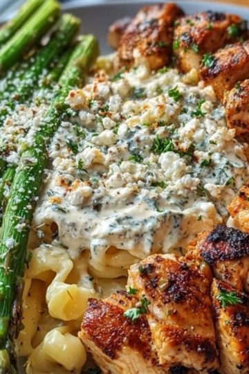 Delicious Greek Chili Chicken Alfredo with Smoked Feta Cream & Crispy Parmesan Asparagus 1
