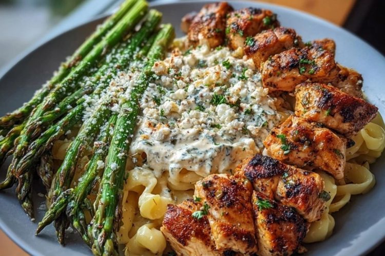 Delicious Greek Chili Chicken Alfredo with Smoked Feta Cream & Crispy Parmesan Asparagus 1