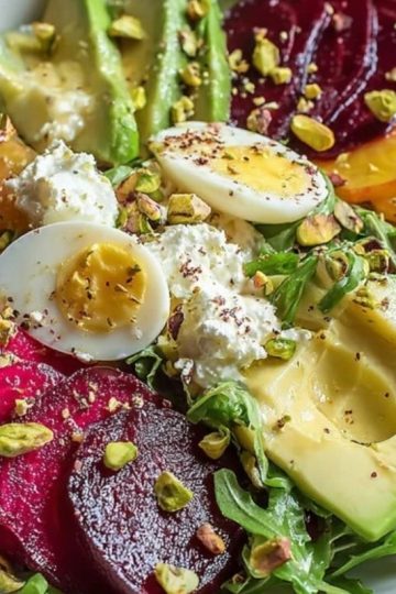 Elegant French Beet and Avocado Salad with Creme Fraiche and Pistachios