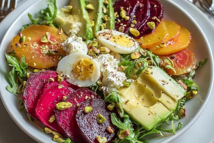 Elegant French Beet and Avocado Salad with Creme Fraiche and Pistachios