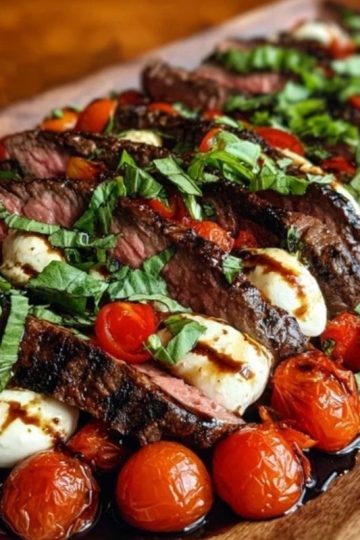 Grilled Balsamic Steak Caprese with Mozzarella, Tomatoes, and Basil