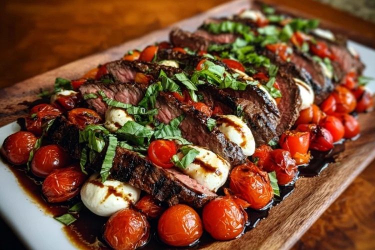 Grilled Balsamic Steak Caprese with Mozzarella, Tomatoes, and Basil