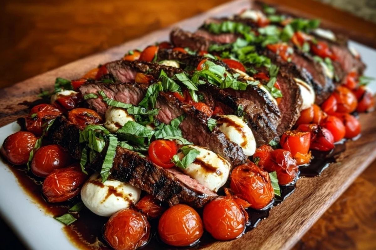 Grilled Balsamic Steak Caprese with Mozzarella, Tomatoes, and Basil