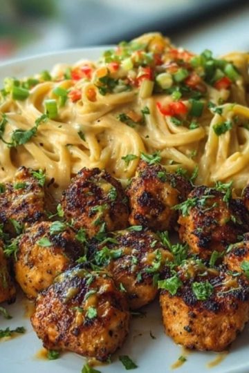 Maple Garlic Chicken Bites with Spicy Cajun Alfredo
