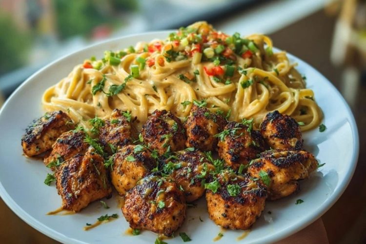 Maple Garlic Chicken Bites with Spicy Cajun Alfredo