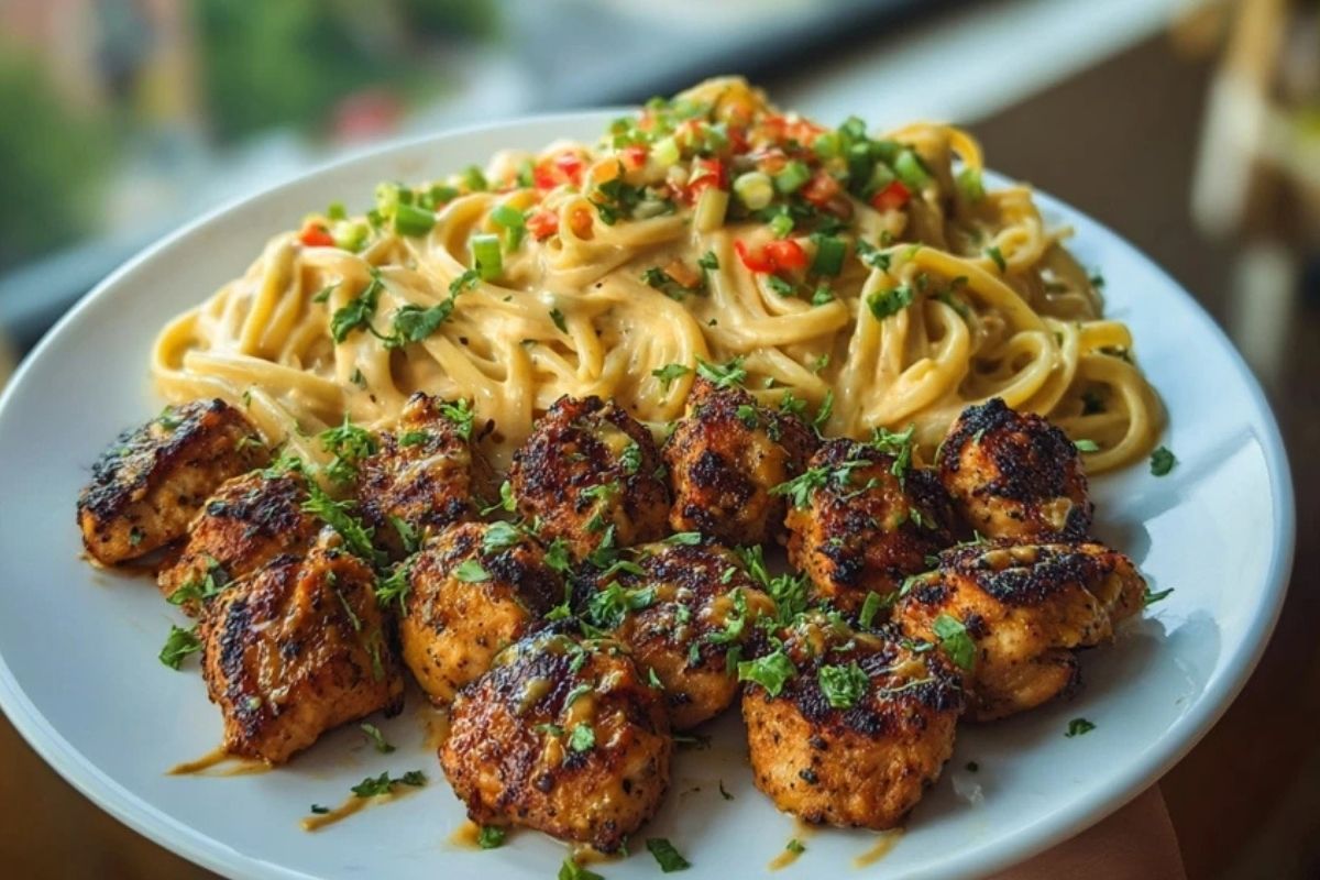 Maple Garlic Chicken Bites with Spicy Cajun Alfredo