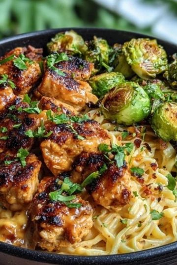 Maple Garlic Chicken Bites with Spicy Cajun Alfredo & Crispy Brussels Twists