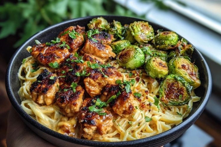 Maple Garlic Chicken Bites with Spicy Cajun Alfredo & Crispy Brussels Twists