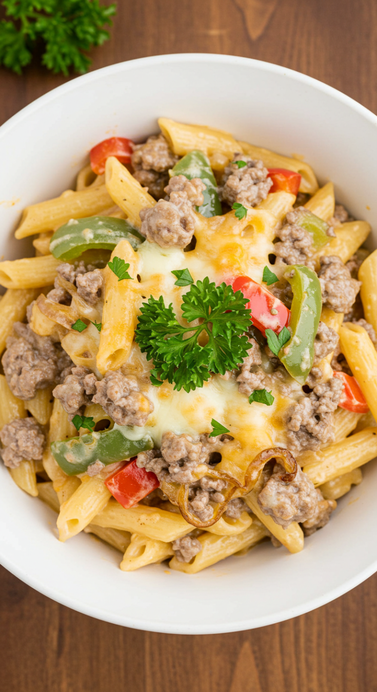 One Pot Philly Cheesesteak Pasta