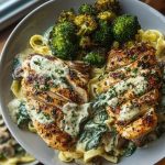 Spinach-Artichoke Greek Chicken Alfredo & Crispy Parmesan Broccoli with Mushroom Basil Cream