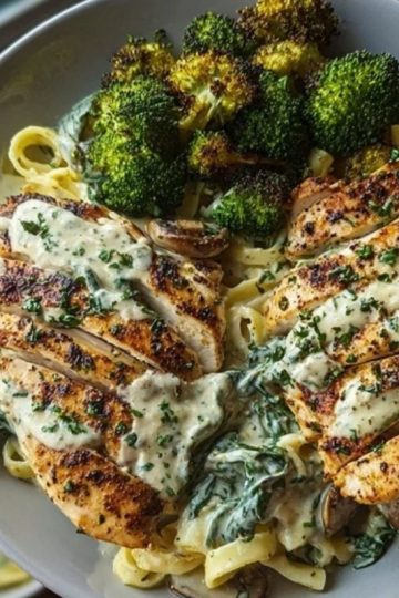 Spinach-Artichoke Greek Chicken Alfredo & Crispy Parmesan Broccoli with Mushroom Basil Cream