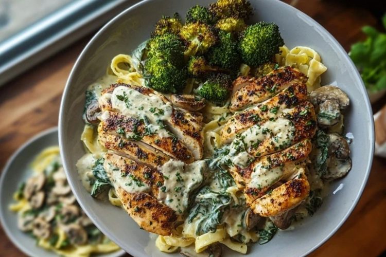 Spinach-Artichoke Greek Chicken Alfredo & Crispy Parmesan Broccoli with Mushroom Basil Cream