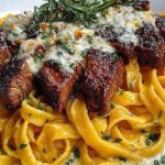 Velveeta Steak Fettuccine with Garlic Butter Cream Sauce