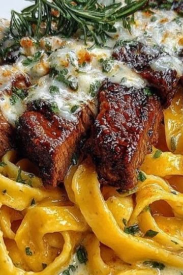 Velveeta Steak Fettuccine with Garlic Butter Cream Sauce