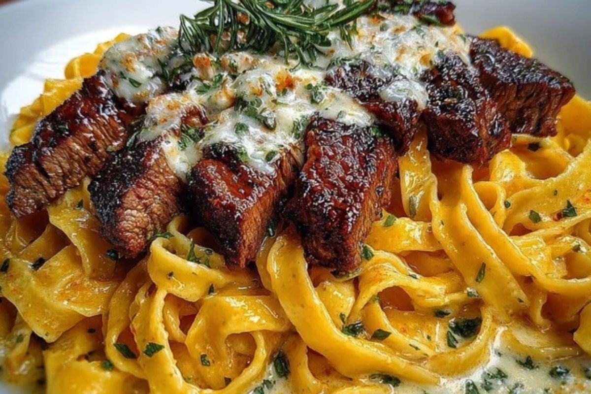 Velveeta Steak Fettuccine with Garlic Butter Cream Sauce