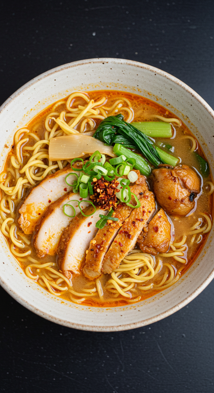 Fiery Chicken Ramen with Creamy Garlic Sauce