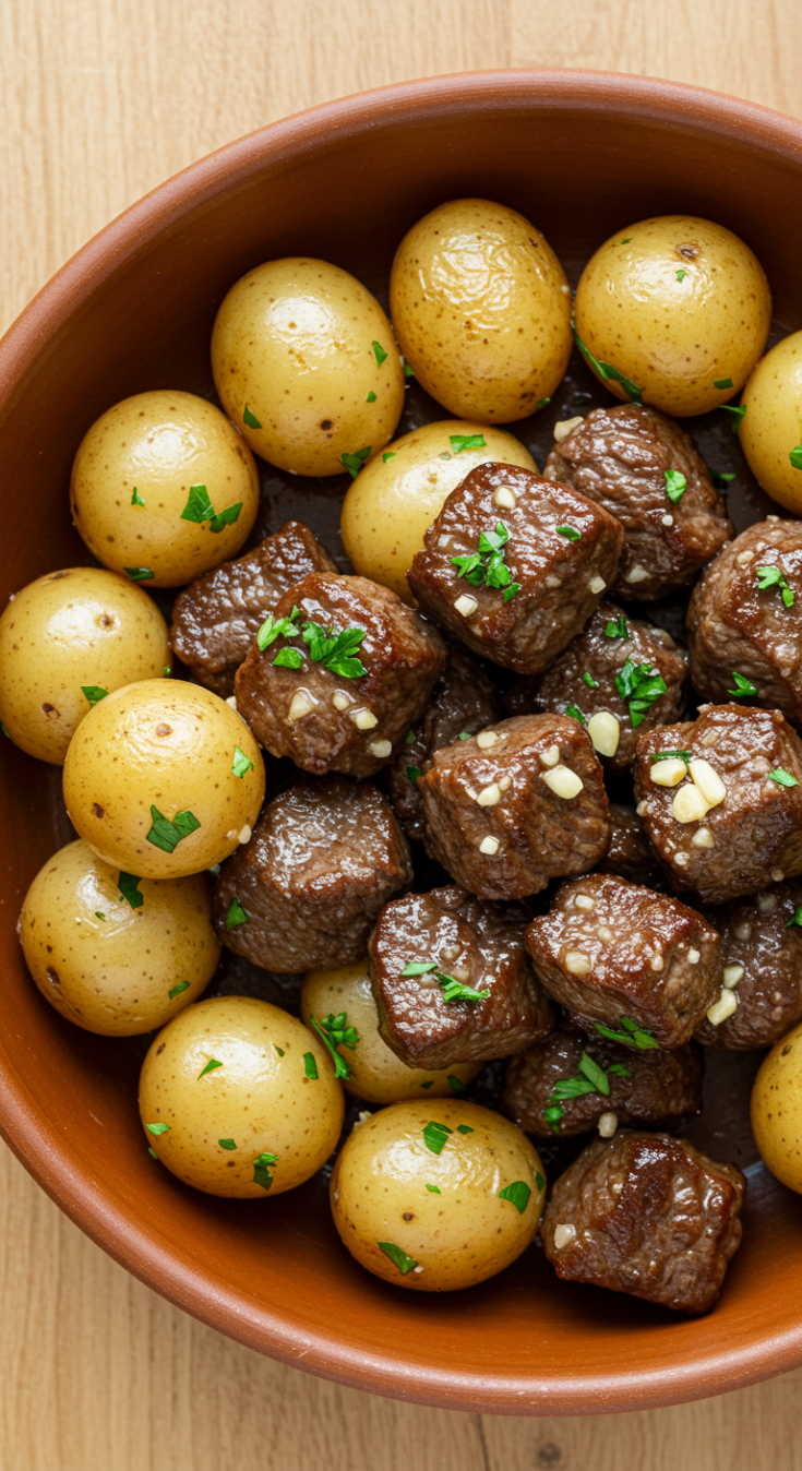 Slow Cooker Garlic Butter Beef Bites and Potatoes