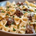 Beef and Bowtie Pasta with Alfredo Sauce