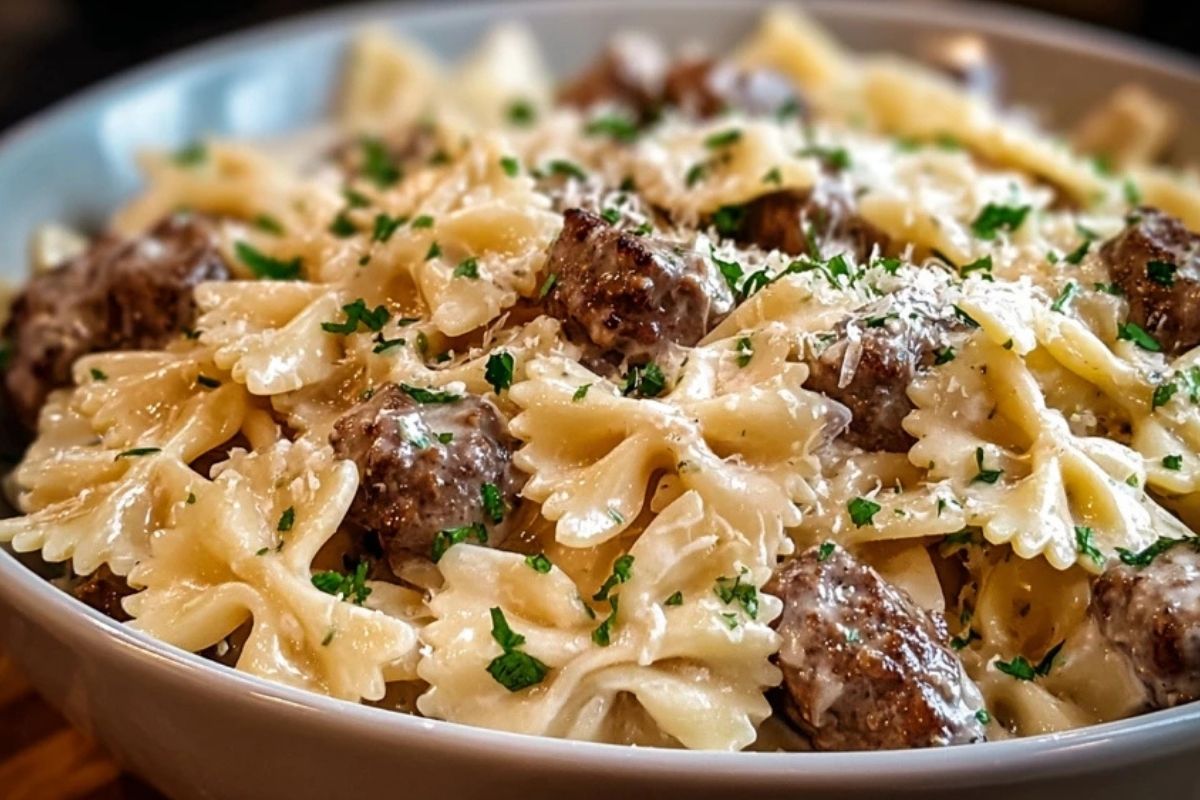 Beef and Bowtie Pasta with Alfredo Sauce