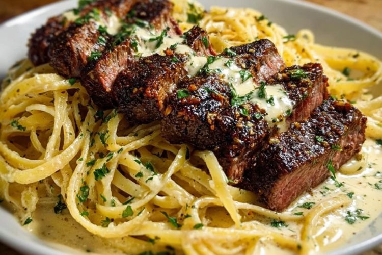 Cajun Garlic Butter Steak over Creamy Parmesan Linguine