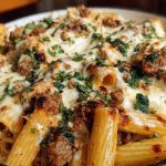 Cheesy Beef and Italian Sausage Rigatoni in Garlic Butter Sauce