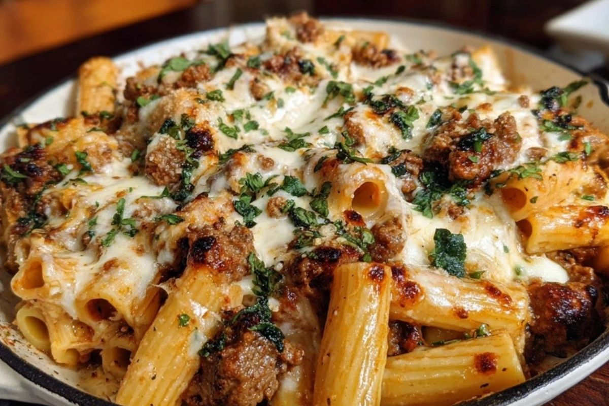 Cheesy Beef and Italian Sausage Rigatoni in Garlic Butter Sauce