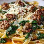 Cheesy Garlic Butter Linguine with Beef, Sausage and Spinach