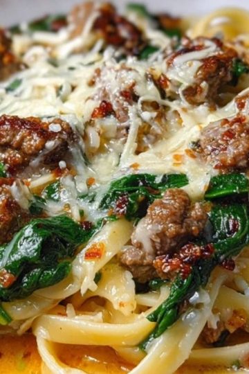 Cheesy Garlic Butter Linguine with Beef, Sausage and Spinach