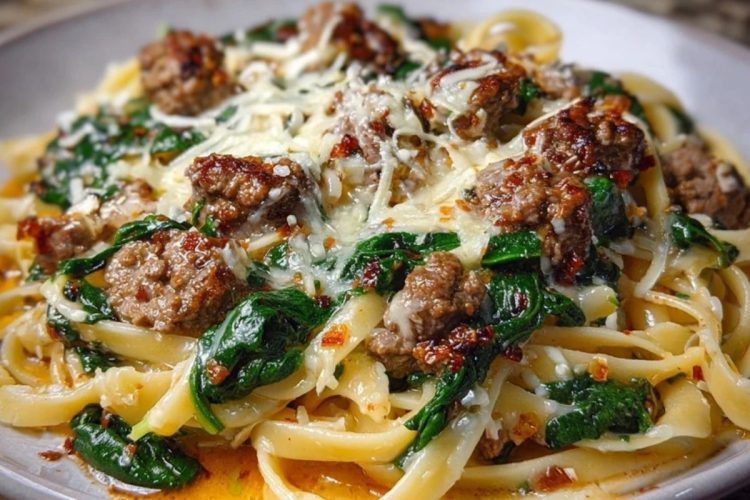 Cheesy Garlic Butter Linguine with Beef, Sausage and Spinach