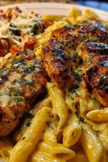 Cheesy Penne and Cajun Chicken in Garlic Parmesan Cream