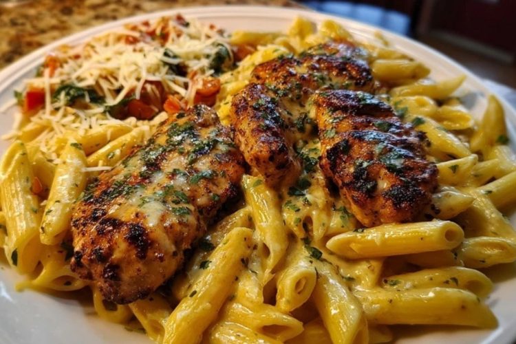 Cheesy Penne and Cajun Chicken in Garlic Parmesan Cream