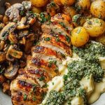 Chestnut Garlic Greek Chicken Alfredo with Sage Potatoes & Mushroom Basil Pesto Cream
