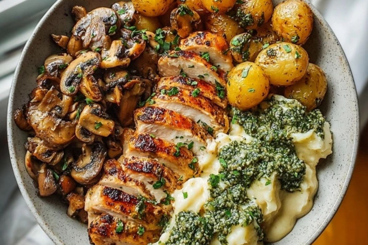 Chestnut Garlic Greek Chicken Alfredo with Sage Potatoes & Mushroom Basil Pesto Cream