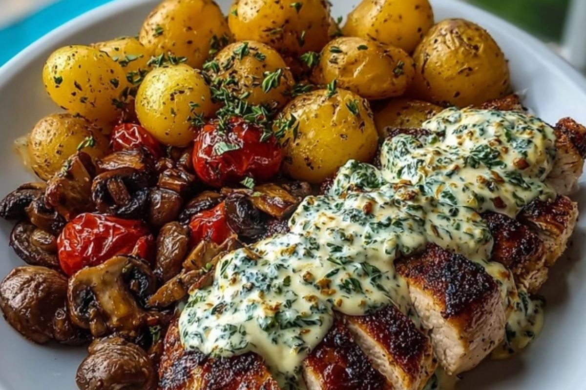 Chestnut Garlic Greek Chicken Alfredo with Sage Potatoes & Mushroom Pesto Cream