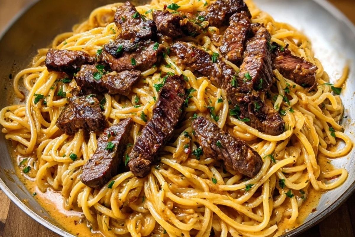 Creamy Cajun Garlic Butter Spaghetti with Beef Strips