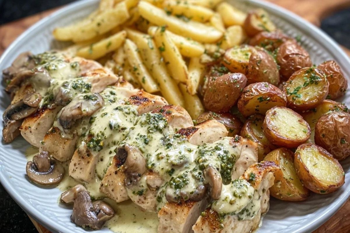 Creamy Garlic Mushroom Alfredo Chicken & Potatoes with Basil Pesto