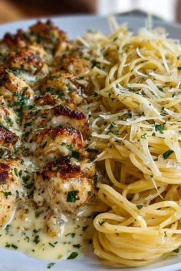 Creamy Garlic Parmesan Chicken with Cheesy Spaghetti