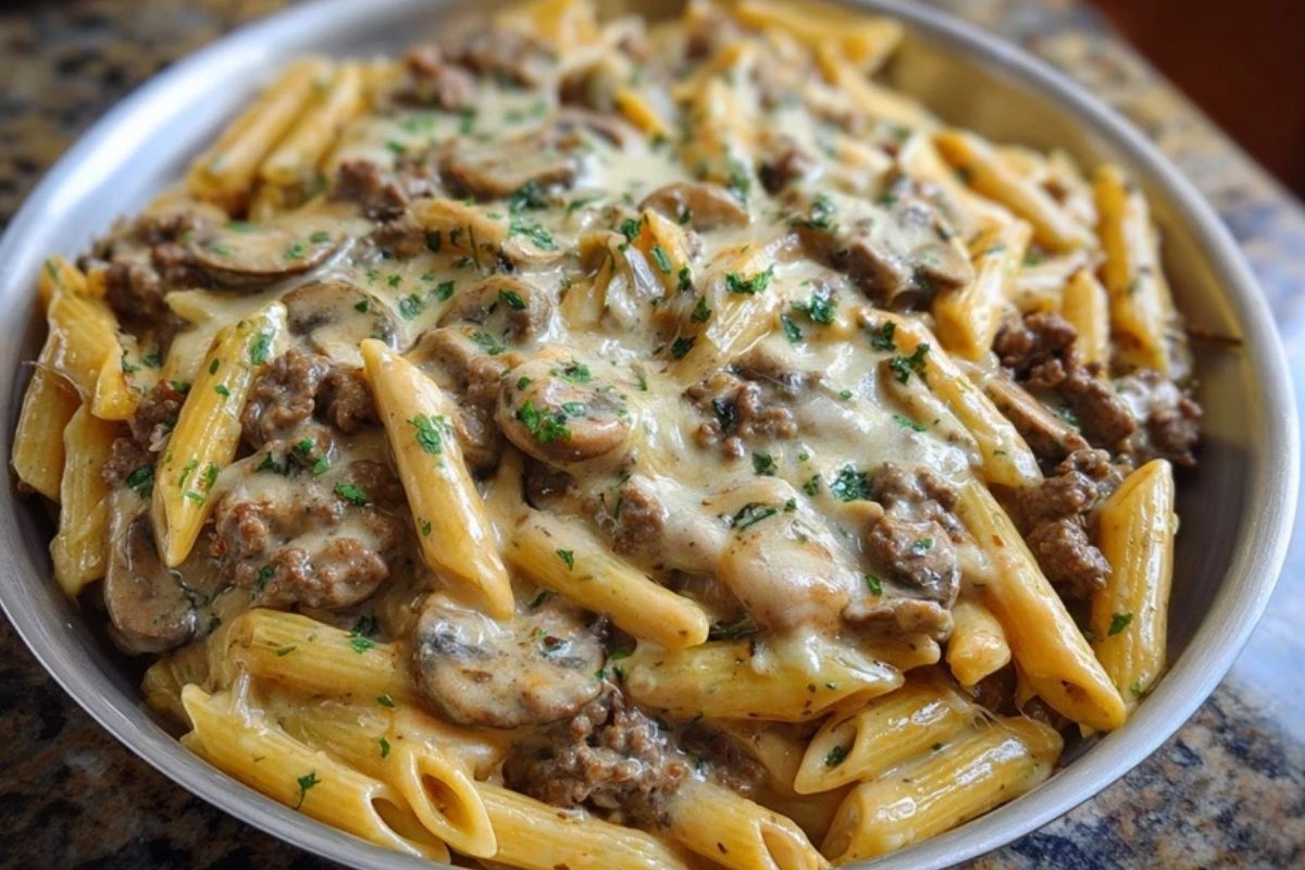 Creamy Velveeta Beef Stroganoff and Penne Pasta