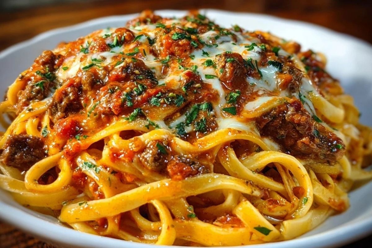 Creamy Velveeta Linguine with Italian Beef Marinara