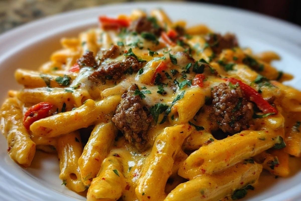Creamy Velveeta Penne Pasta with Cajun Beef Alfredo Sauce