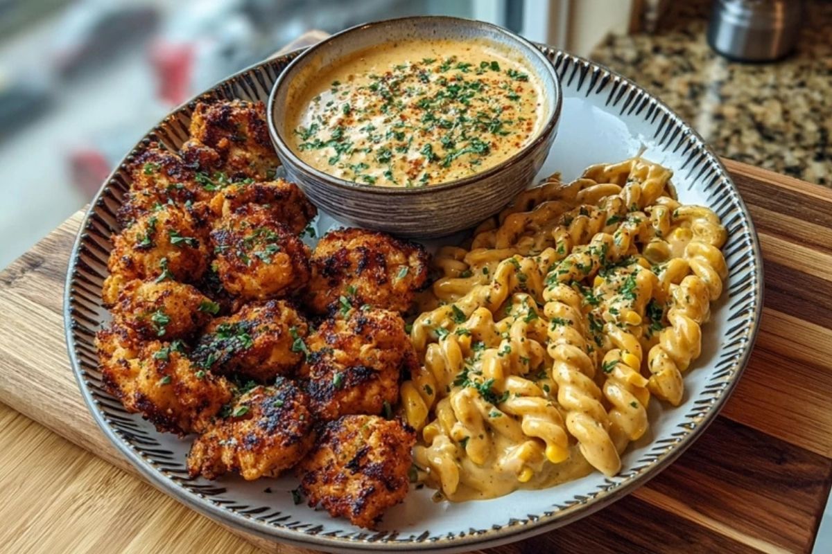 Crispy Chicken Bites & Blackened Cajun Alfredo with Roasted Corn Twists