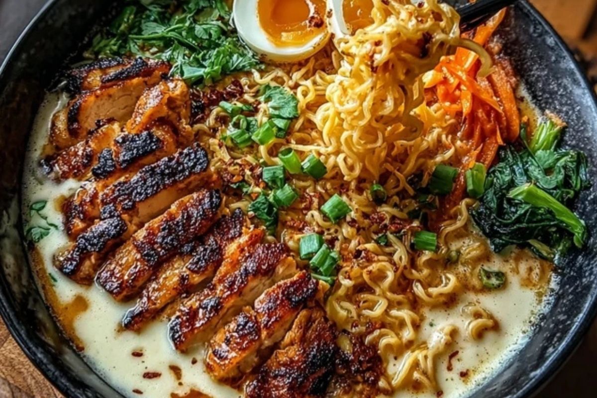 Fiery Chicken Ramen with Creamy Garlic Sauce