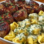 Garlic Butter Steak Bites with Creamy Parmesan Tortellini and Garlic Sauce