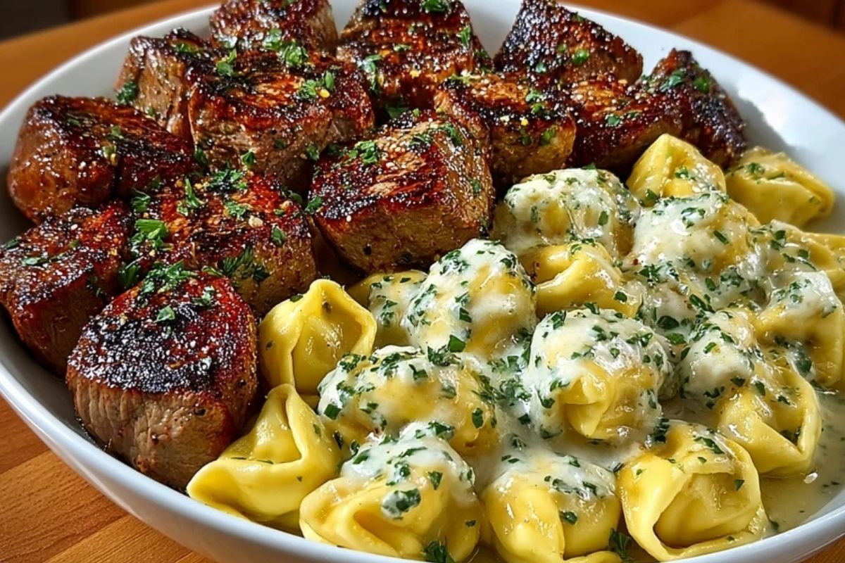 Garlic Butter Steak Bites with Creamy Parmesan Tortellini and Garlic Sauce