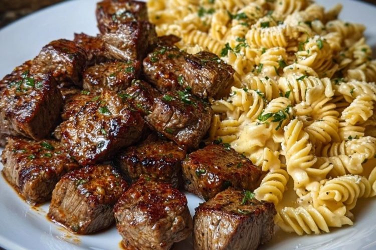 Garlic Butter Steak Bites with Spicy Cajun Alfredo Twisted Pasta